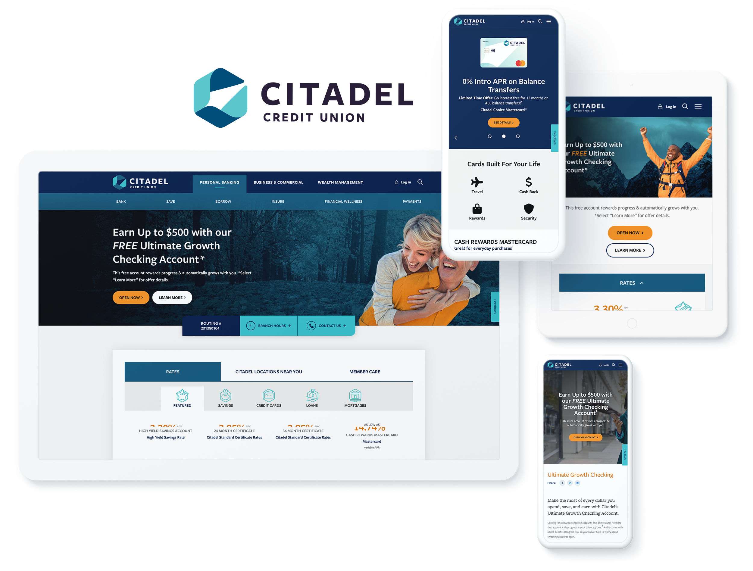 Citadel Credit Union website on digital devices, depicting web development and hosting services for online banking success