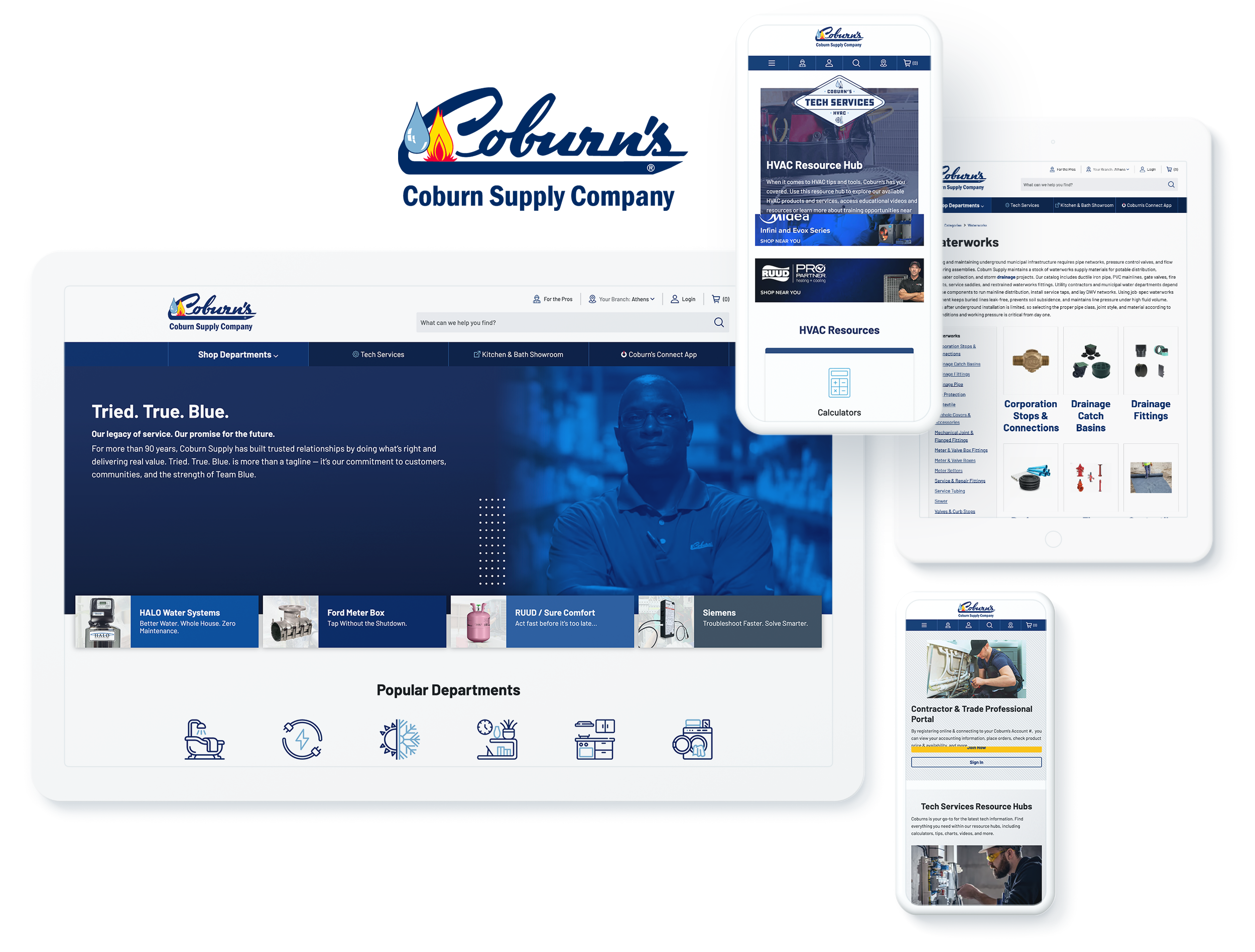 Coburn Supply Company B2B ecommerce website on device screens, displaying successful web development and integration services