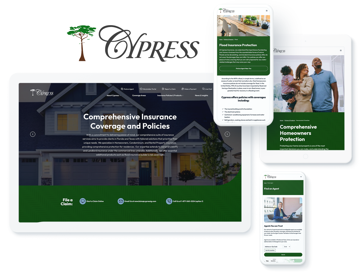 graphic of device screens showcasing Cypress insurance provider's website, highlighting success with website agency services
