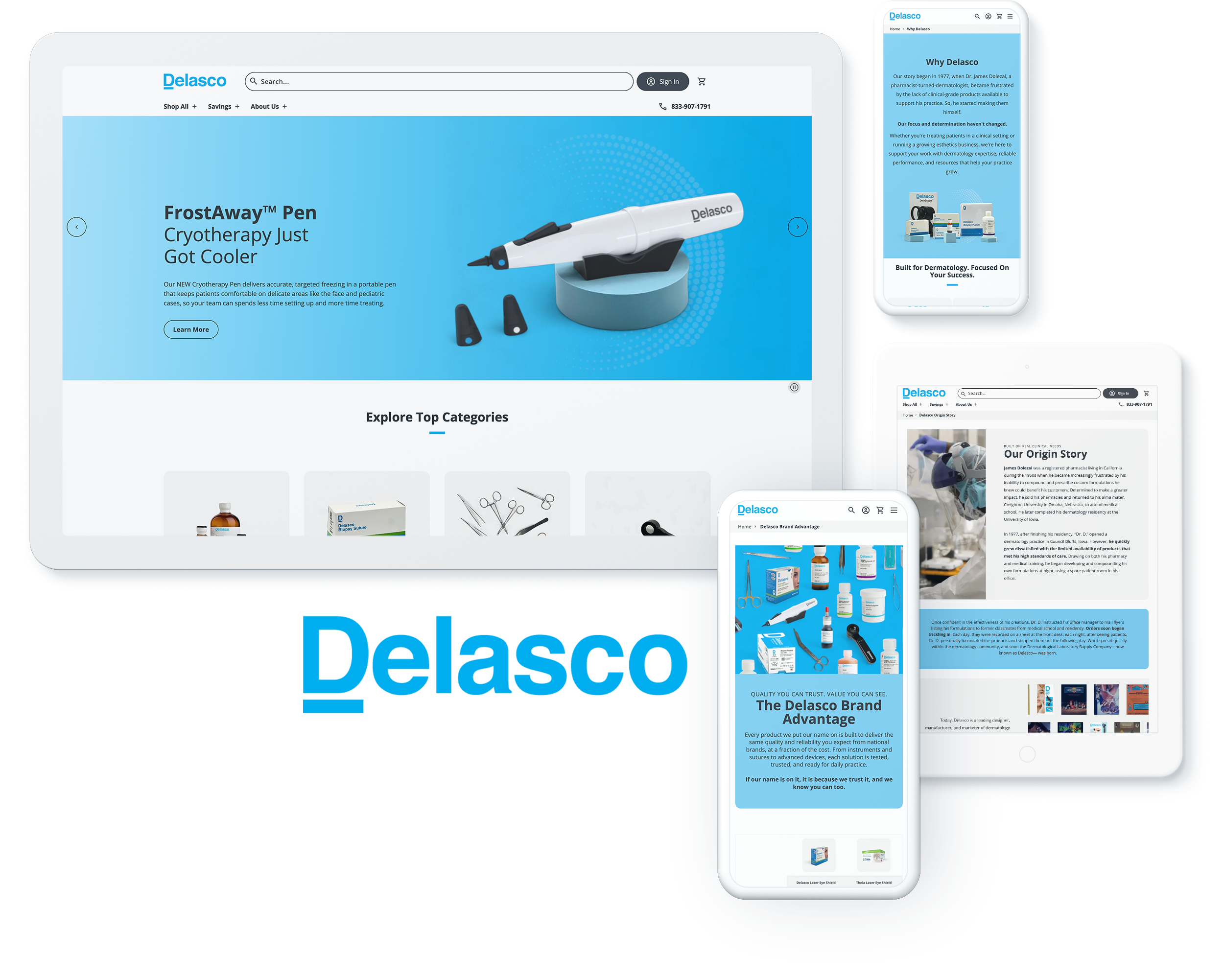 Delasco website on digital devices, showcasing successful manufacturing website development and responsive ecommerce design