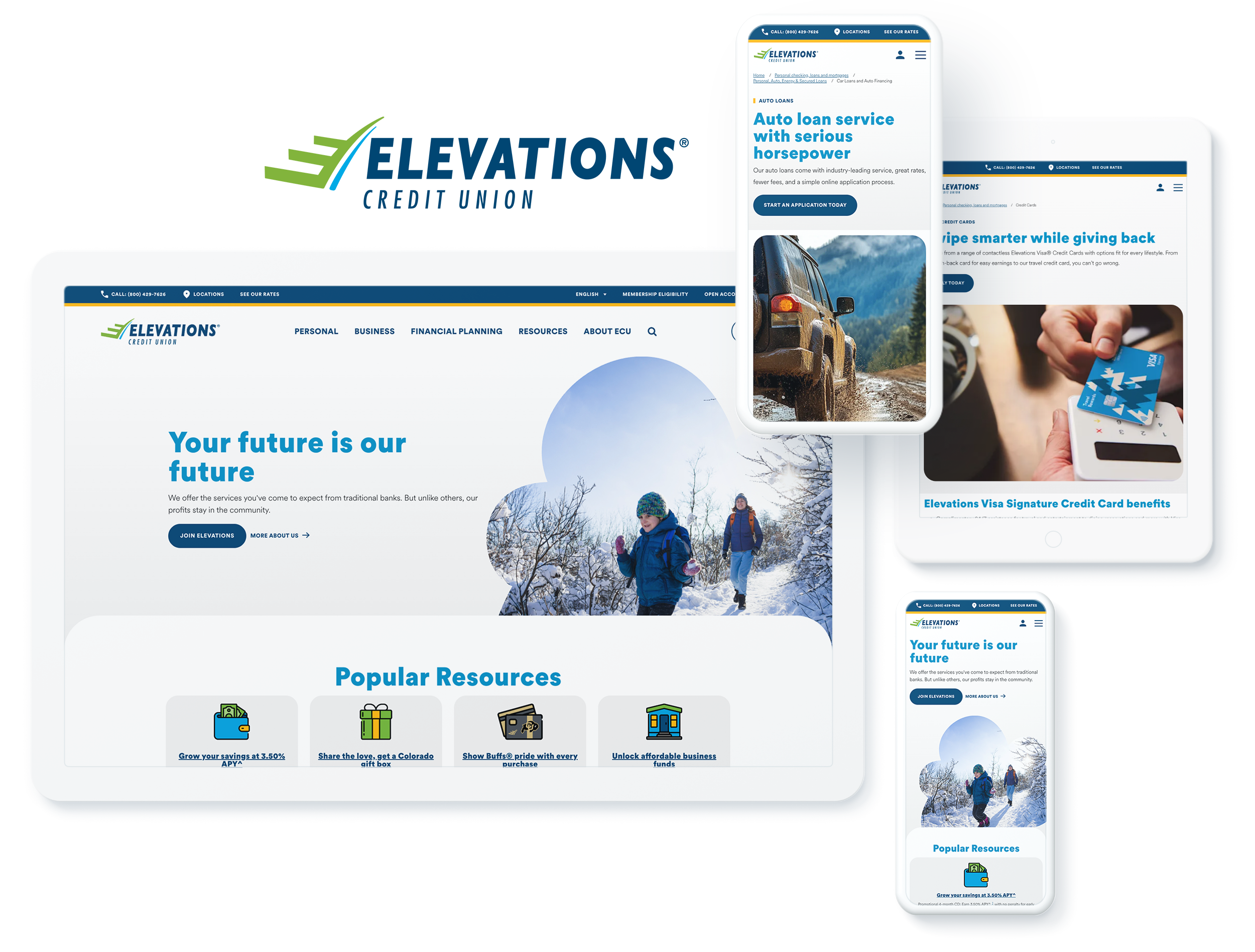 Elevations Credit Union website on digital devices, highlighting successful digital experiences for credit union members