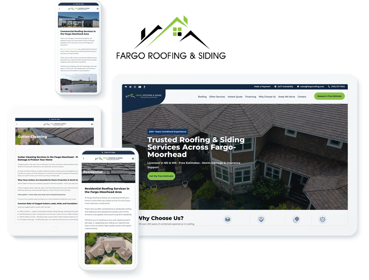 Fargo Roofing & Siding website on devices, showcasing digital success with digital marketing agency services