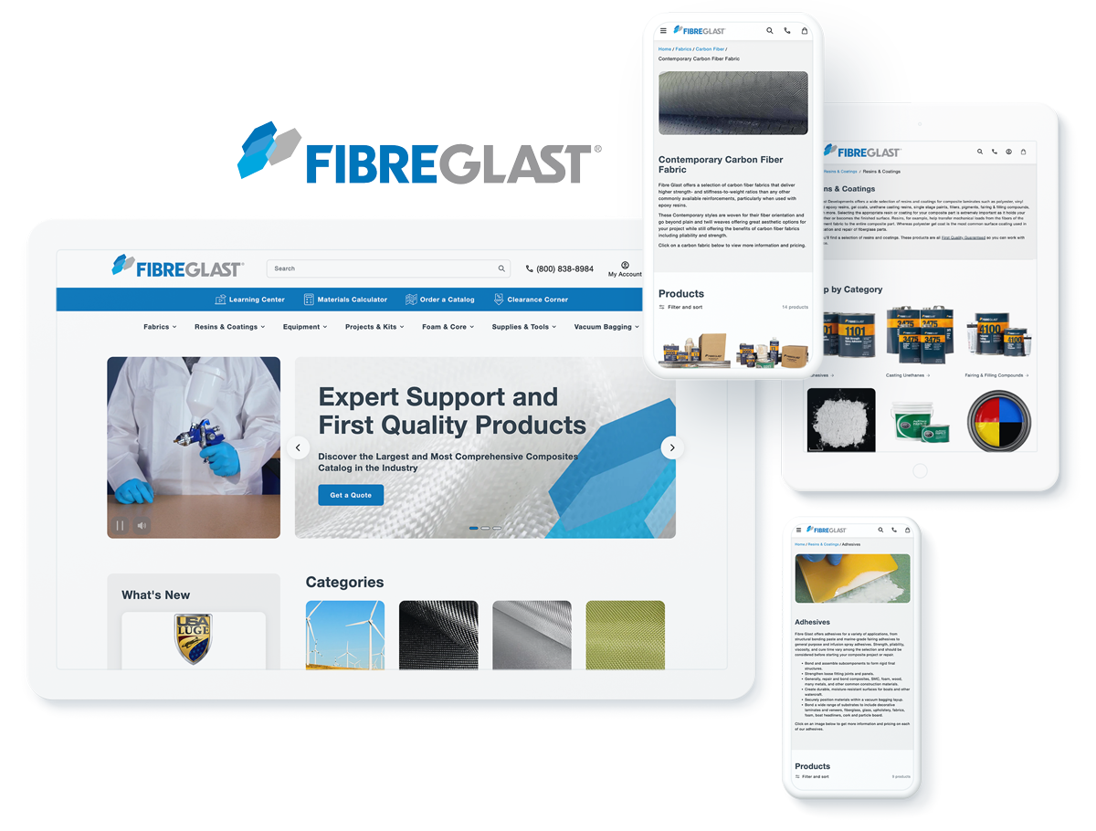 Fibre Glast website on devices, signifying success with manufacturing web design and development agency services for ecommerce