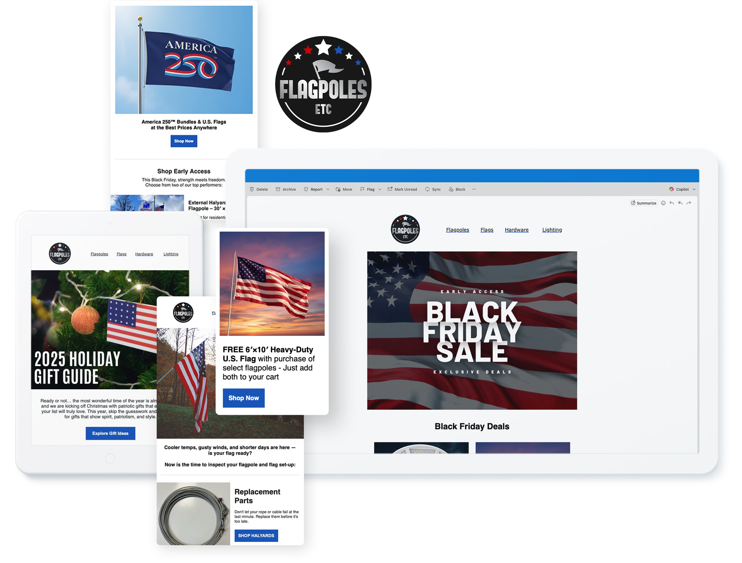 Flagpoles Etc website and email marketing campaigns on digital devices showcasing successful digital marketing for ecommerce