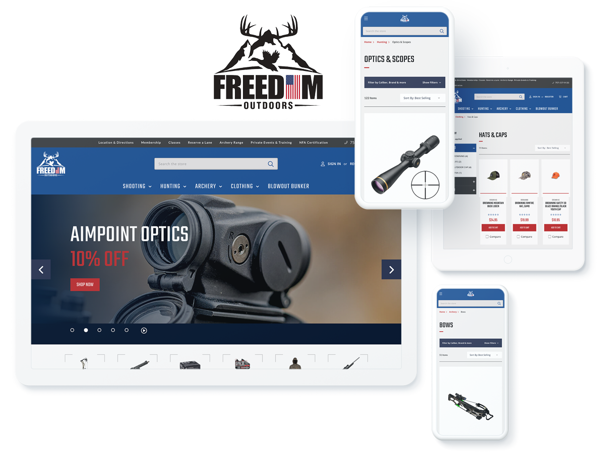 Responsive website design of Freedom Outdoors across multiple devices showcasing discounts on hunting gear.
