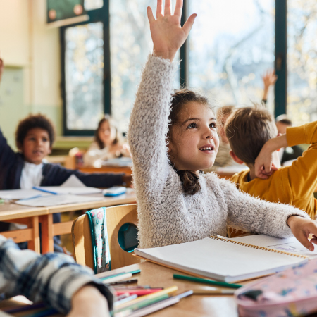 Elementary student raising hand in classroom, representing success with digital agency services for K-12 education programs
