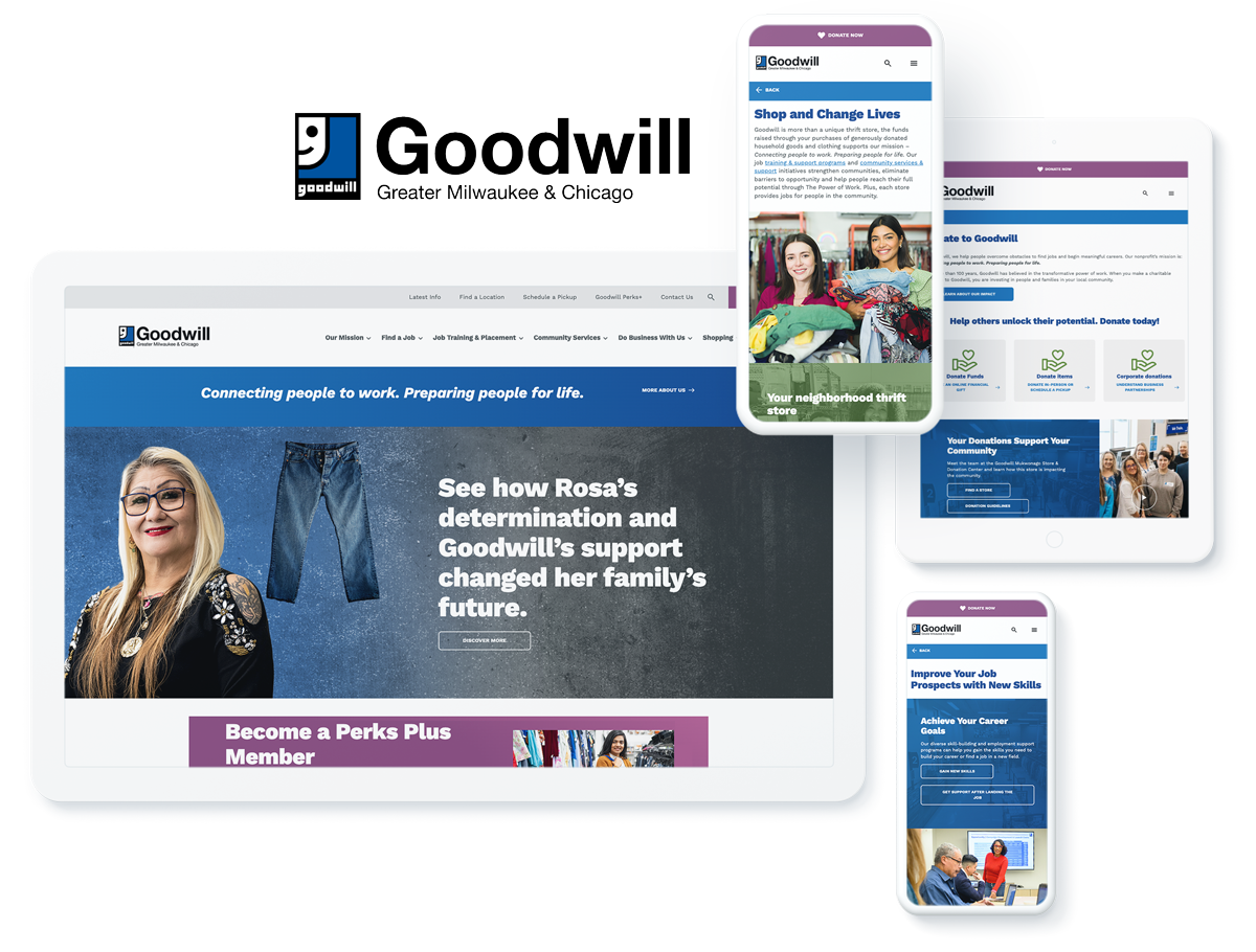 Goodwill of Greater Milwaukee and Chicago organization website on screens, showcasing web design and development services