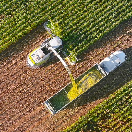 Aerial view of harvester transferring crops into a truck, symbolizing agricultural business success with digital services