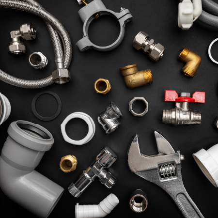Plumbing fittings and tools reflecting Hirsch Pipe & Supply’s success with digital agency B2B ecommerce development services