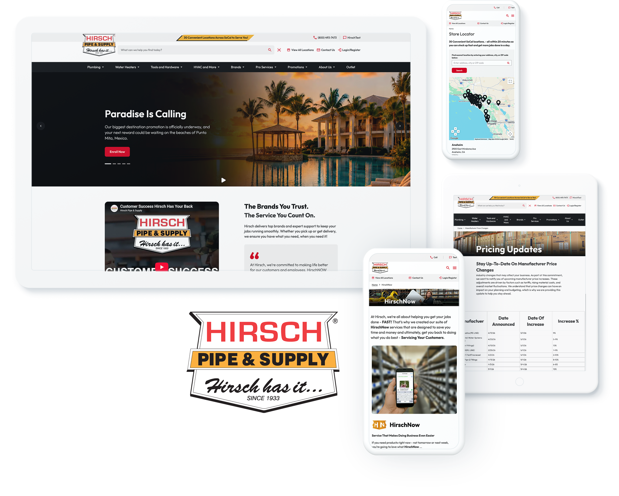 Hirsch Pipe & Supply distributor website across devices, displaying successful ecommerce web design and development services