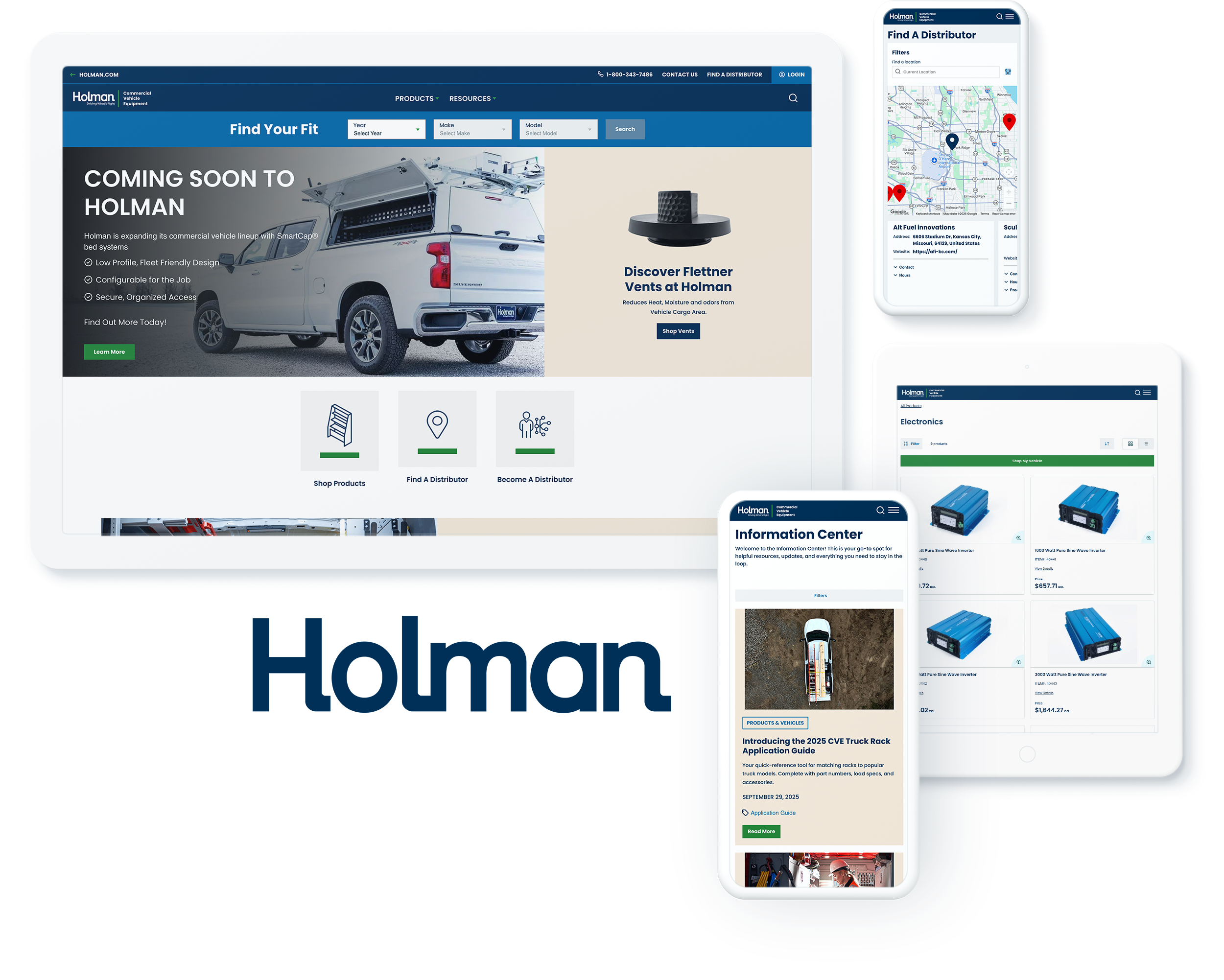 Holman commercial vehicle website with product and dealer pages on devices, signifying success with digital agency services