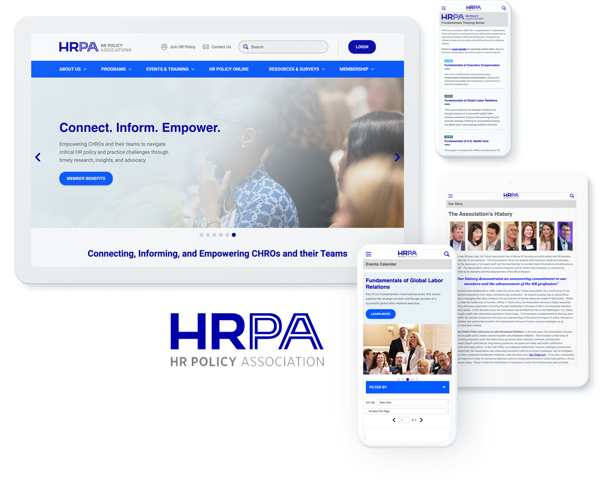 Multiple devices showing HR Policy Association website with headlines about connecting, informing, and empowering HR professionals.