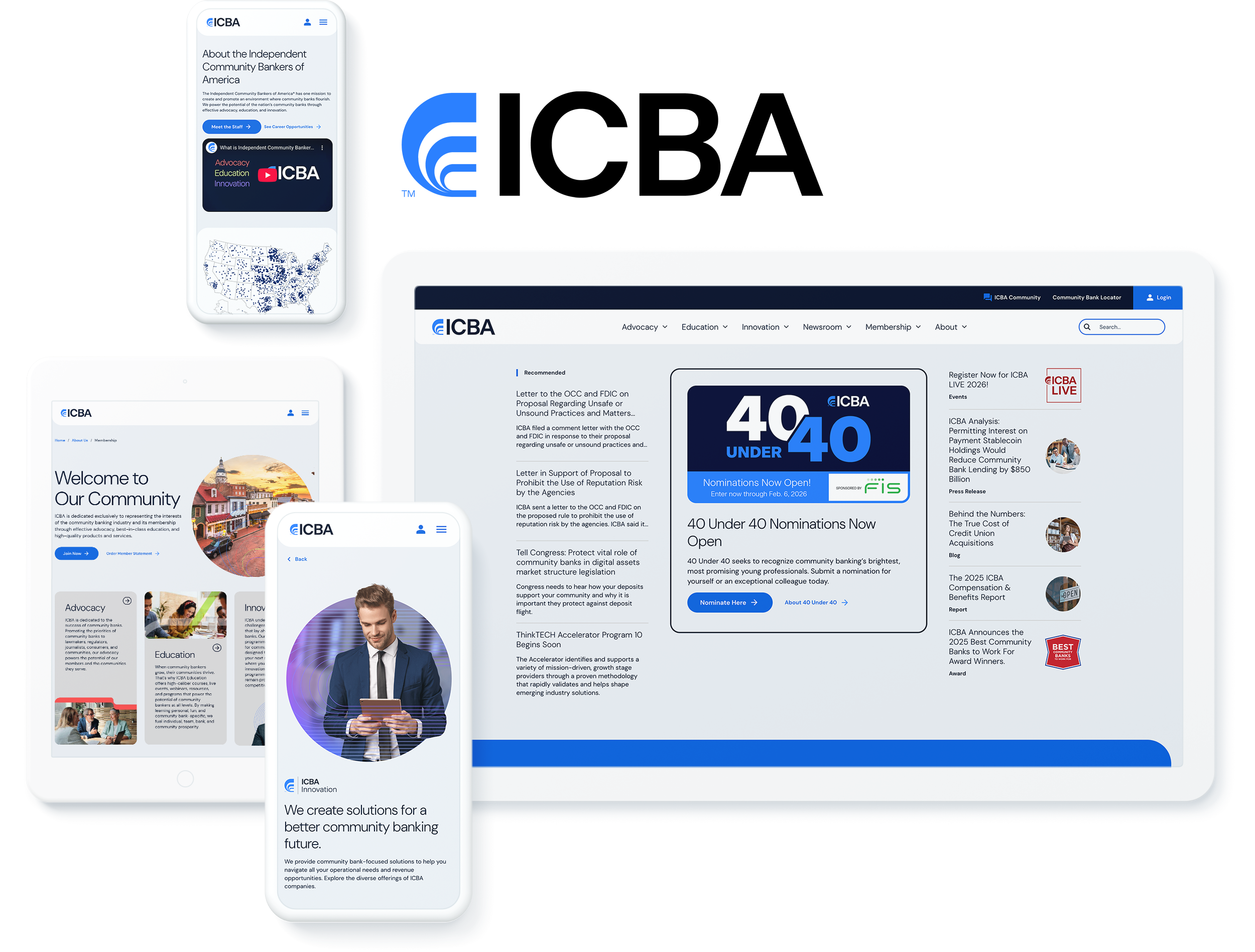 ICBA website displayed on digital devices, showcasing responsive design and web development services for community banking