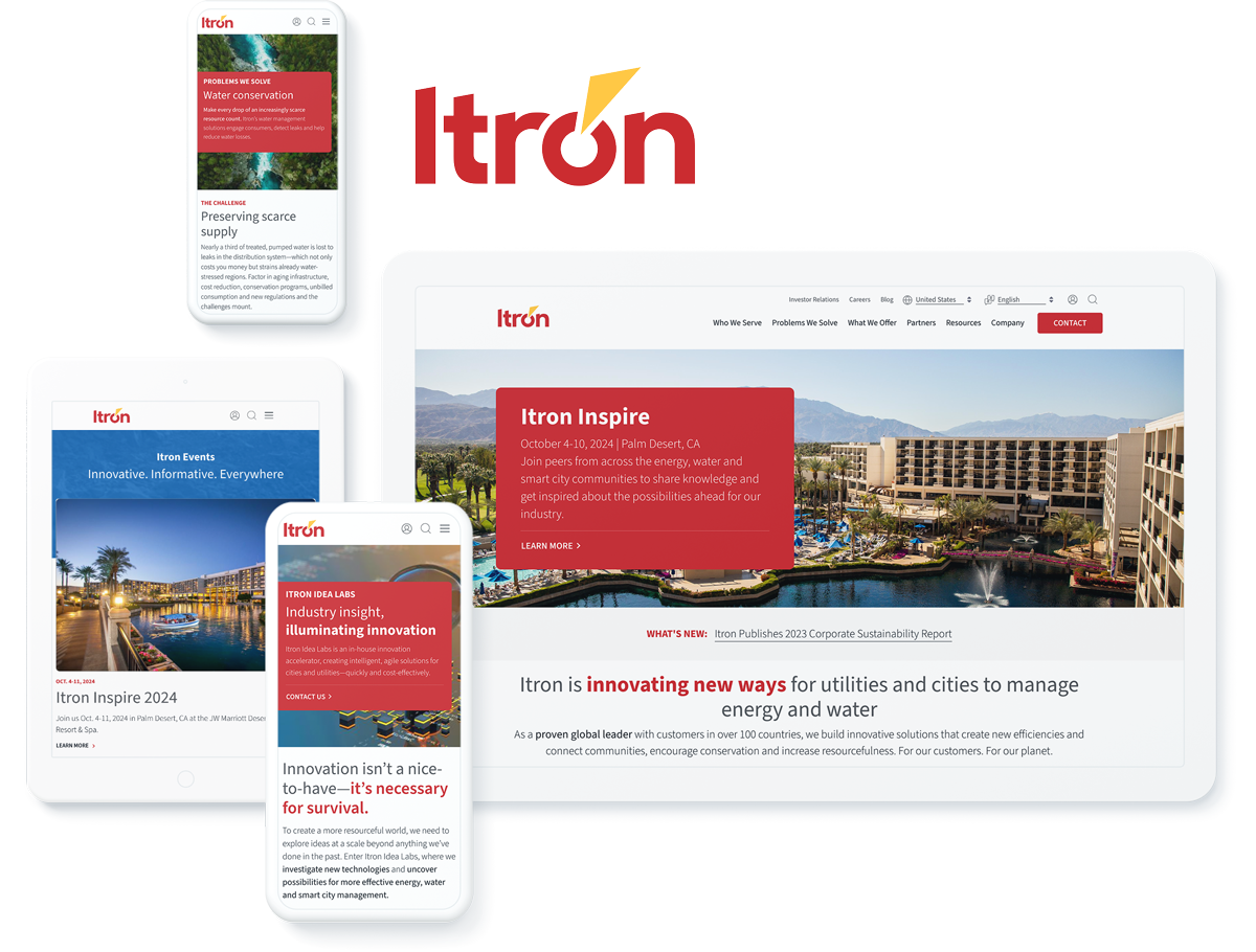 Itron energy & water services website on device screens, highlighting success with utilities website development agency