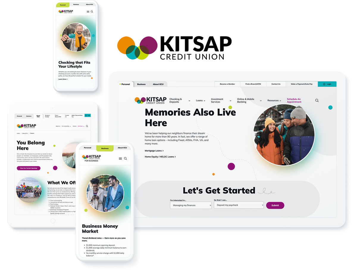 Kitsap Credit Union website on devices, featuring web design and development success for 2024 Kentico site of the year winner