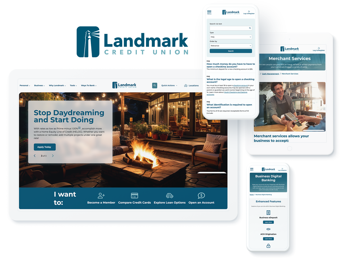 various device screens of Landmark Credit Union website, indicating financial services success with web development agency