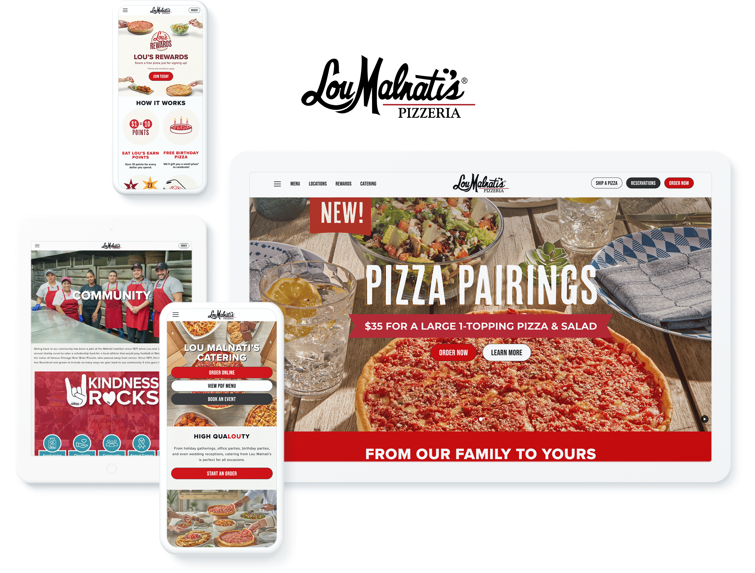 Lou Malnati’s website displayed on devices, displaying web development success for online ordering, menu, and location pages