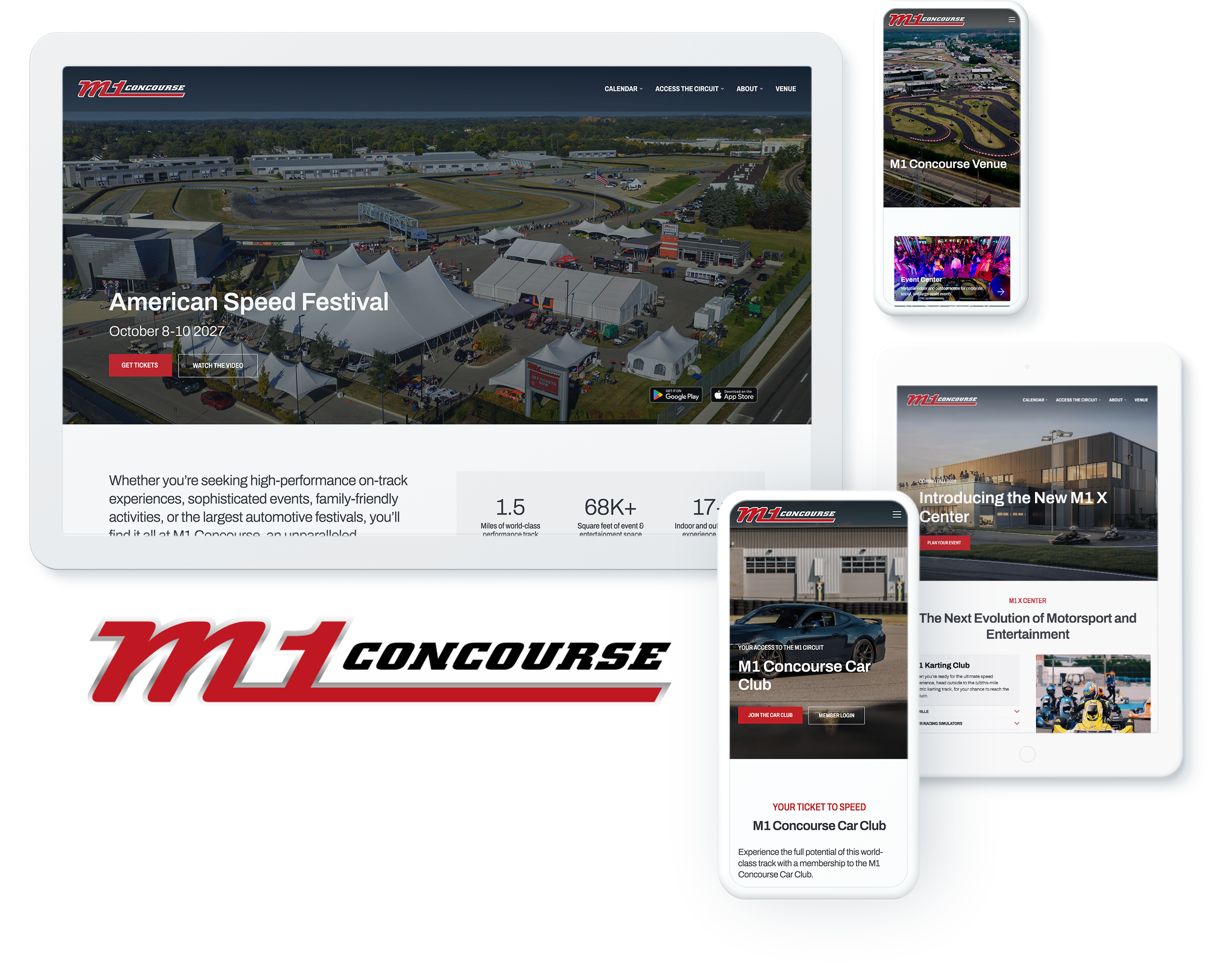 M1 Concourse motorsports website on device screens, highlighting Webflow design and web development agency services