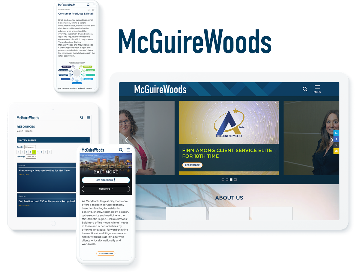 McGuireWoods law firm website on device screens, representing business success with WordPress agency services