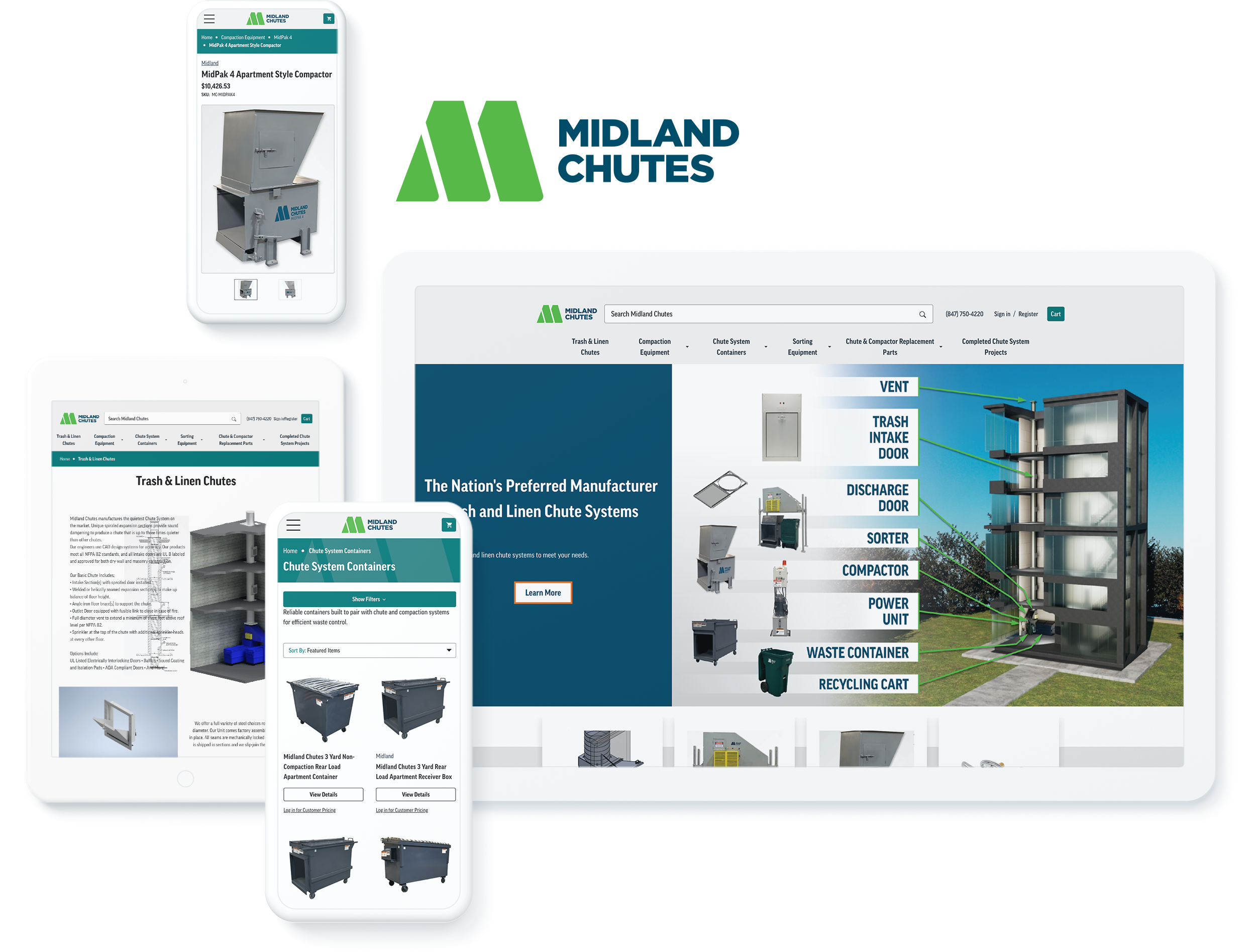 Midland Chutes manufacturer website on device screens, showcasing successful web design and development agency services