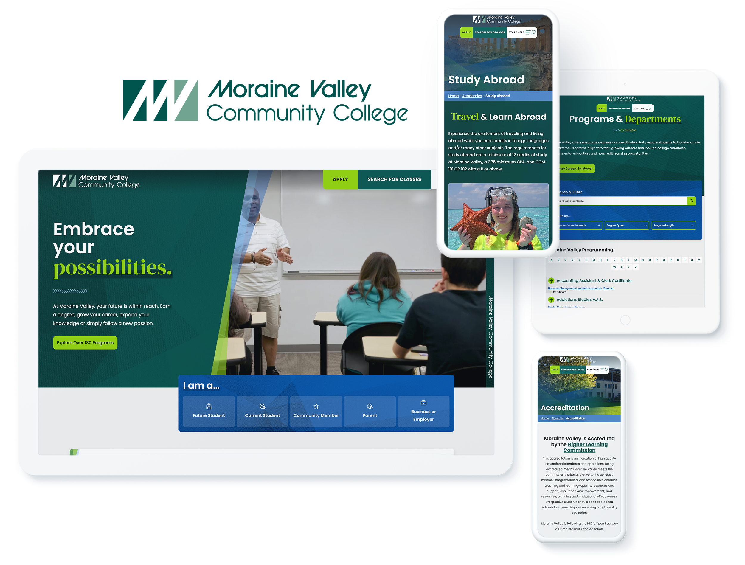 Moraine Valley website across device screens, depicting successful web design and development services for higher education