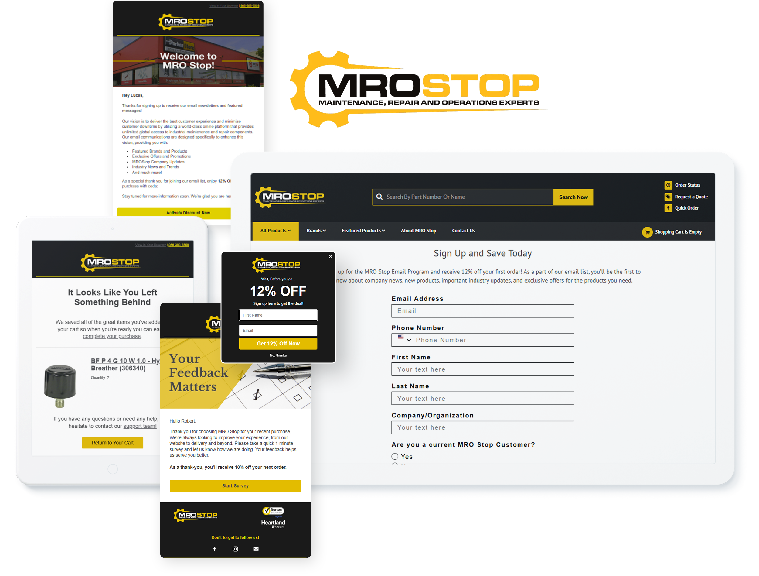 MRO Stop ecommerce website and email marketing campaigns on digital devices, showcasing successful email marketing services