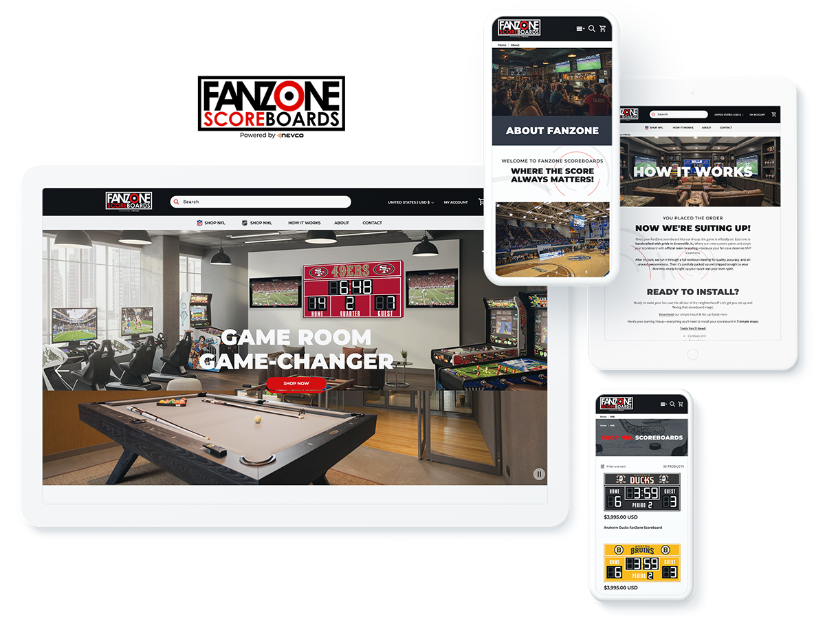 FanZone Scoreboards website on device screens, showcasing success with web design and development for Nevco Sports technology