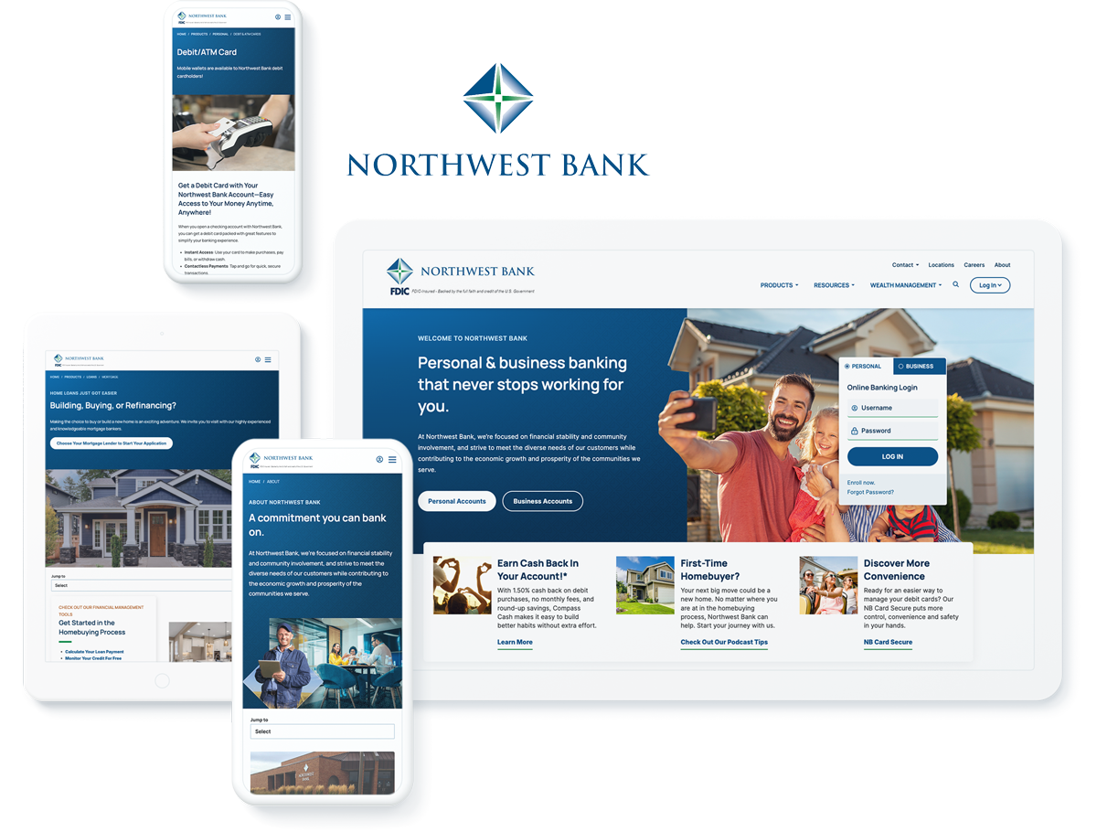 Northwest Bank website on device screens, showcasing successful web hosting, design, and development for financial services