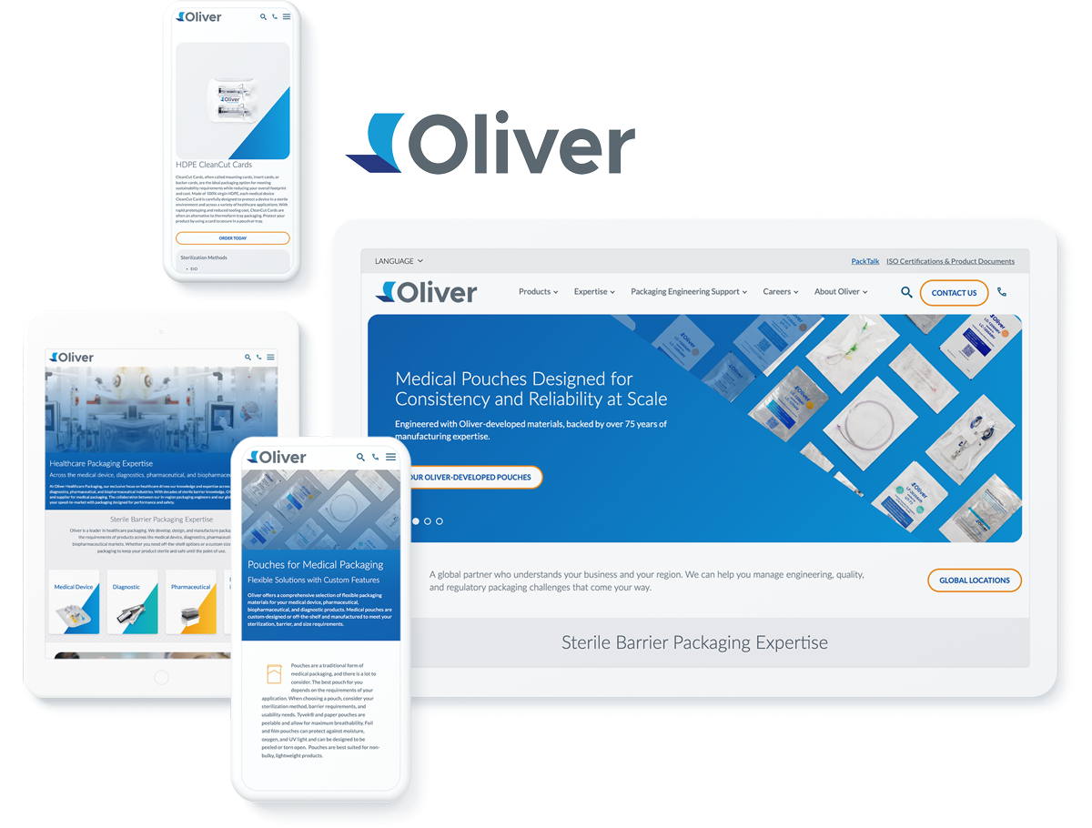 Oliver Healthcare Packaging website on digital devices showcasing successful digital marketing for medical packaging industry