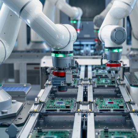 Robots assembling industrial solutions in a manufacturing facility, signifying business success with digital agency services