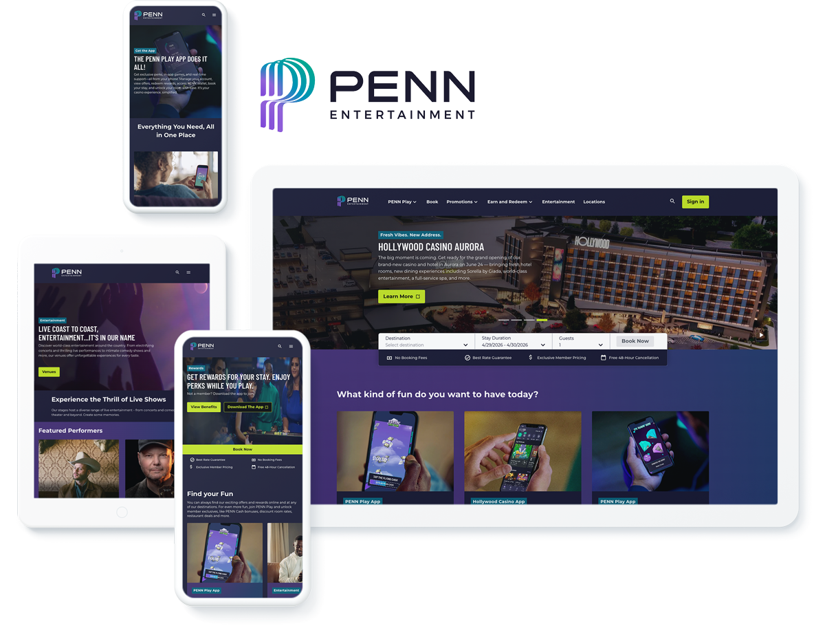 PENN Entertainment website on digital devices showcasing successful digital marketing for entertainment industry