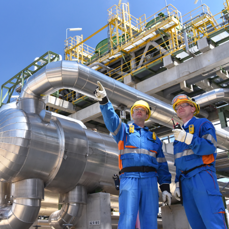 Workers in safety gear in front of large industrial pipes depicting success with digital marketing strategy for manufacturing