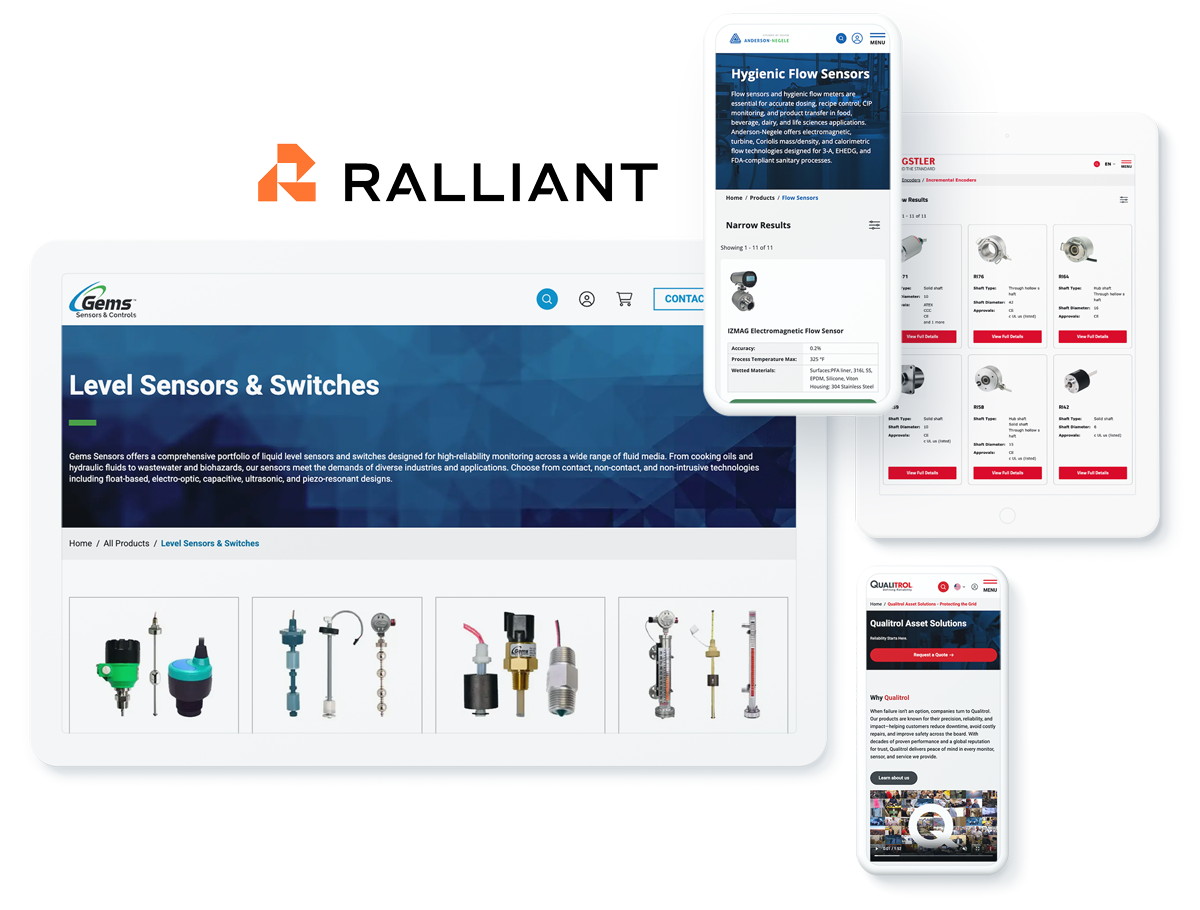 Ralliant's four operating companies' websites on digital devices showcasing successful digital marketing for manufacturing