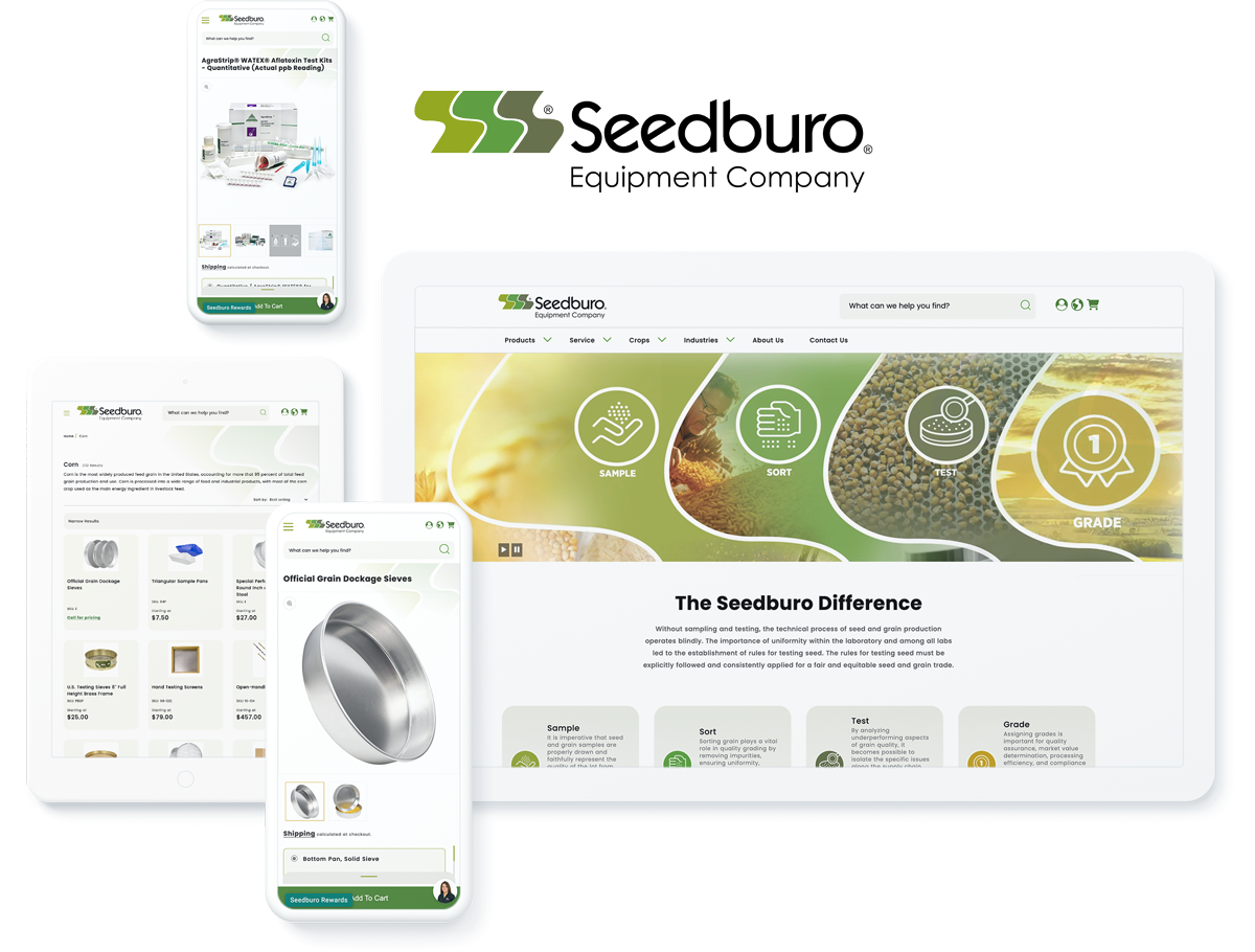 Seedburo agricultural equipment distributor website on device screens, representing business success with web design agency