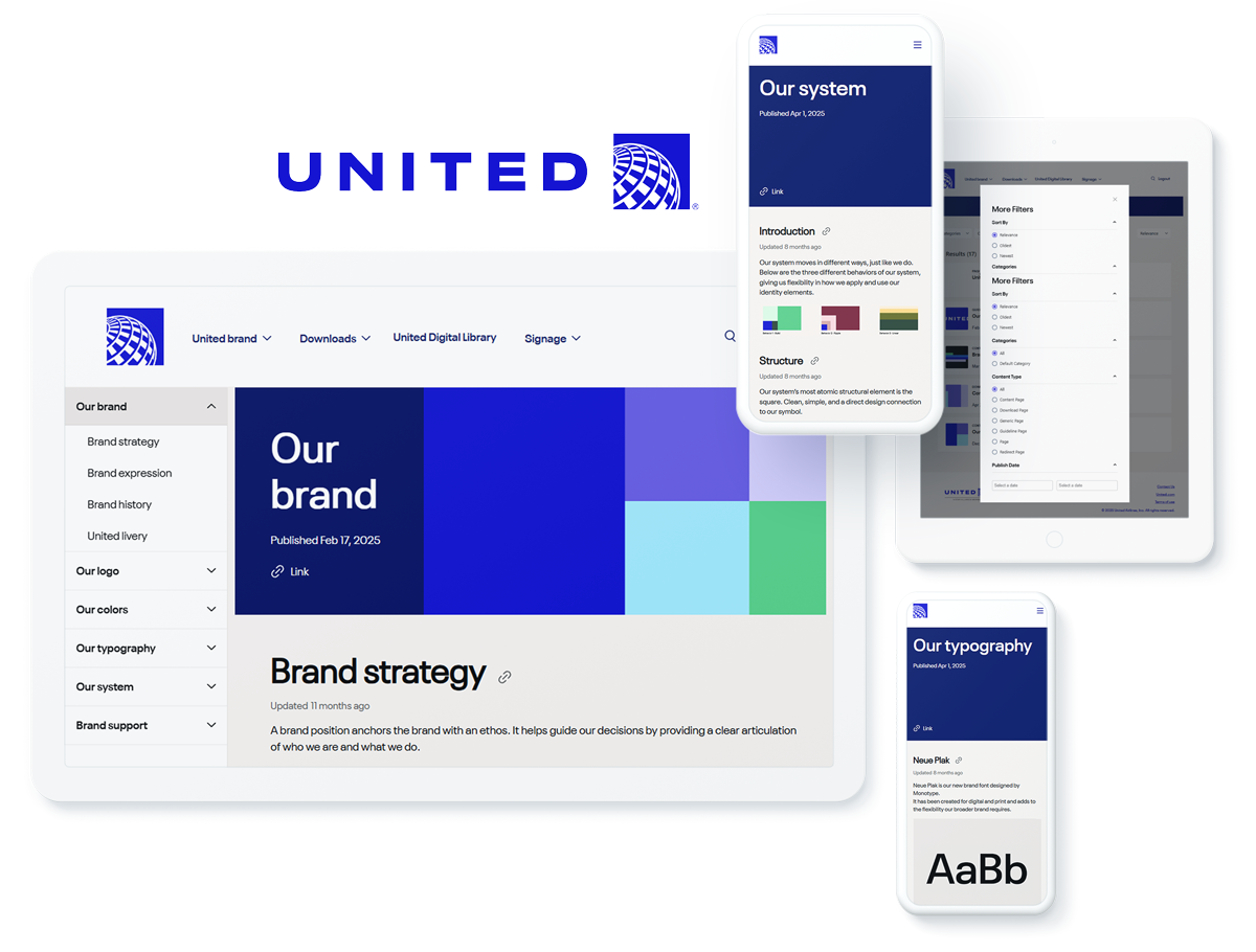 United Airlines Brand website on screens, showcasing success with web design and development services for transportation