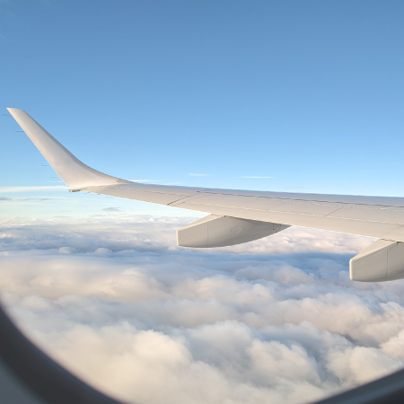 image of airplane wing in air, representing United Airlines business success with transportation website agency services