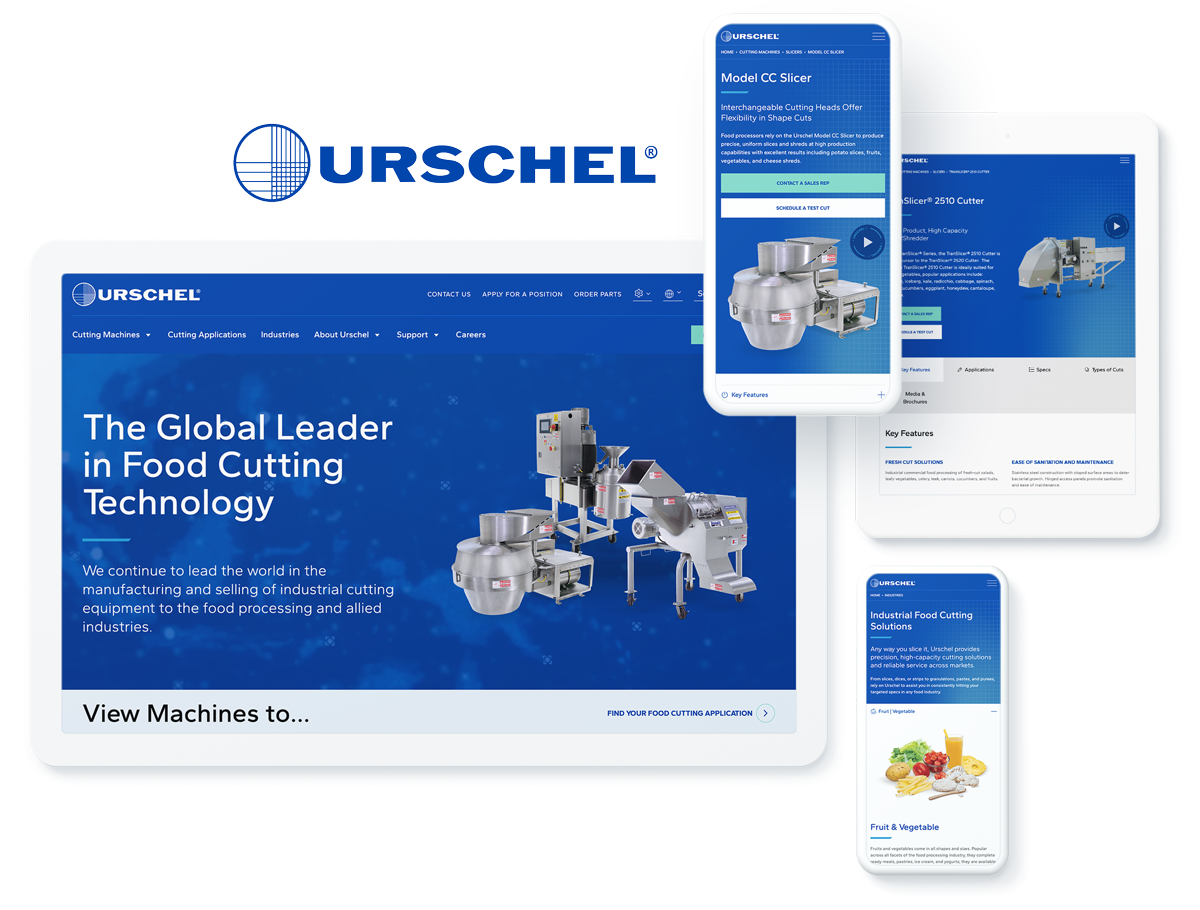 Urschel Laboratories website on devices, indicating success with manufacturing website development and hosting services