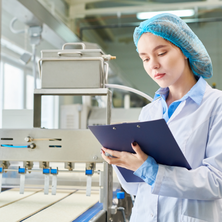 Specialist inspecting food processing equipment in facility, depicting success with digital agency services for manufacturers