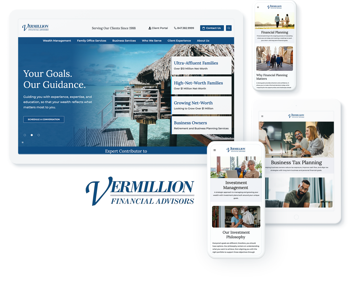 Vermillion Financial Advisors website on digital devices showcasing successful digital marketing for financial planning services