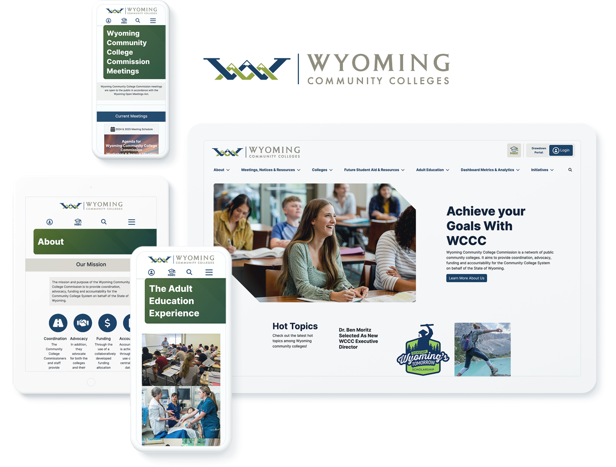 Wyoming Community College website on device screens, highlighting success with digital marketing agency and website services