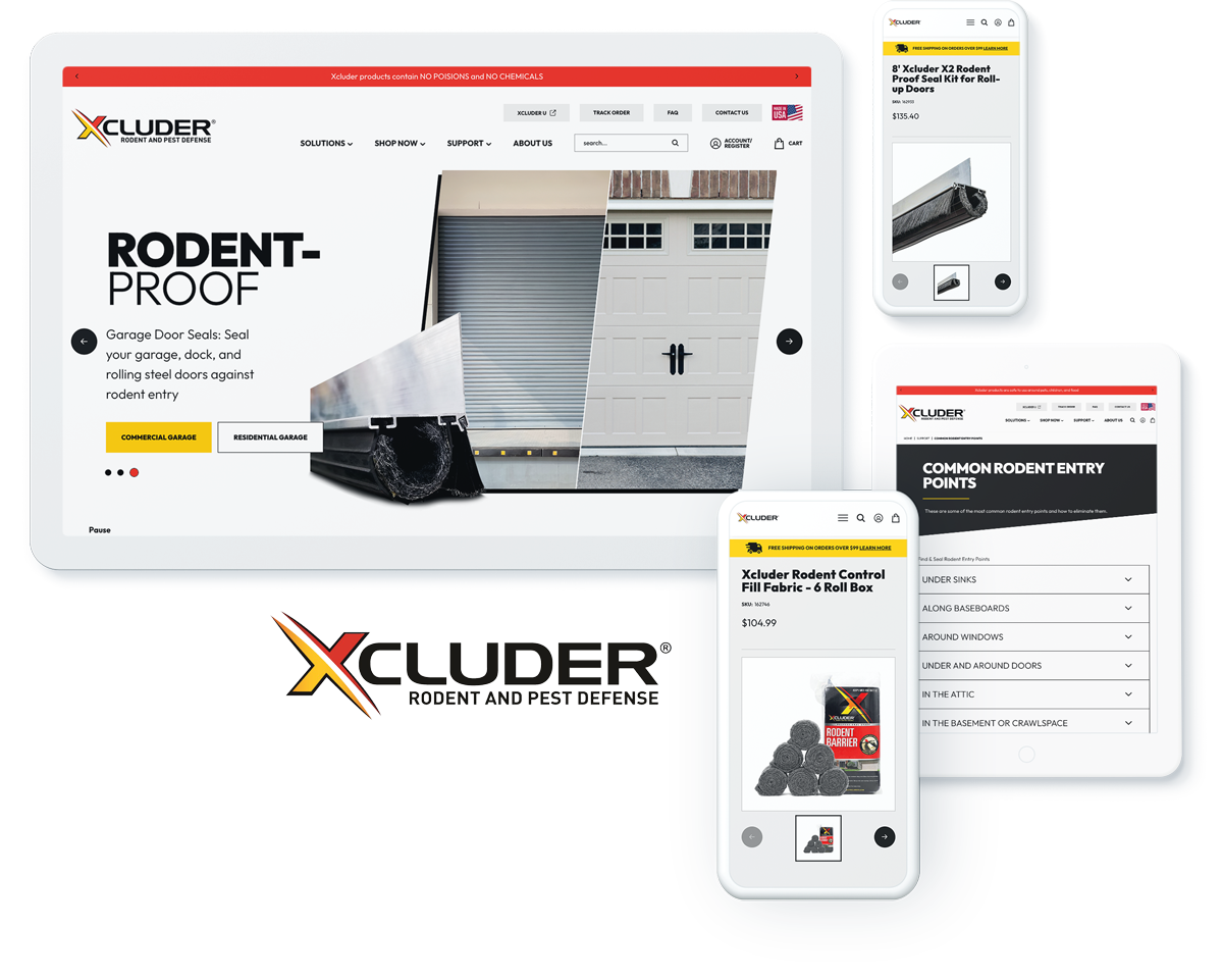 Xcluder professional services website on screens, highlighting success with website design and development for ecommerce