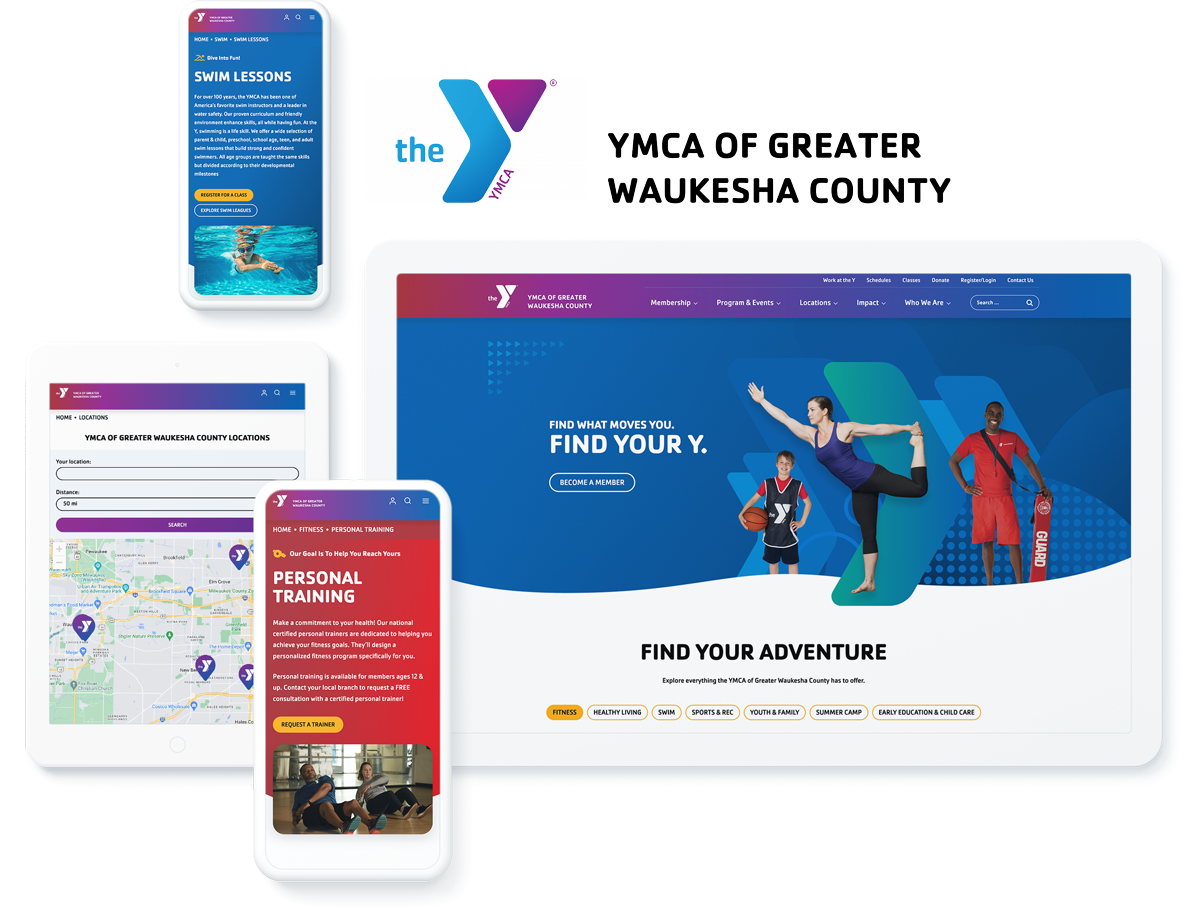 YMCA of Greater Waukesha County website on device screens, depicting success with health website development and design agency