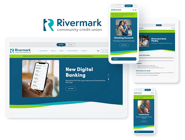 Rivermark Credit Union website on device screens, representing business success with financial website design and development