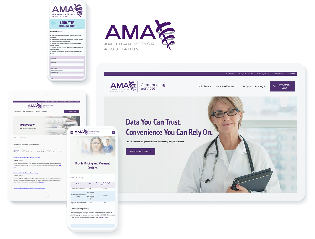 American Medical Association Credentialing Services website displayed on multiple devices with information on medical profiles and services.