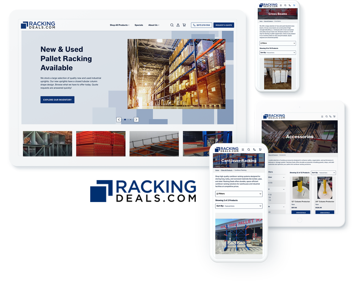 RackingDeals.com across digital devices showcasing successful digital marketing for manufacturing and distribution
