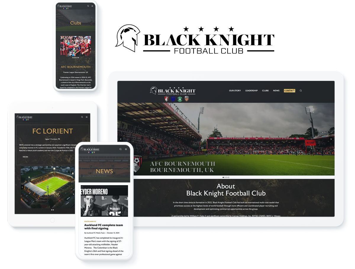 Black Knight Football Club website on devices, representing success with entertainment website development agency services
