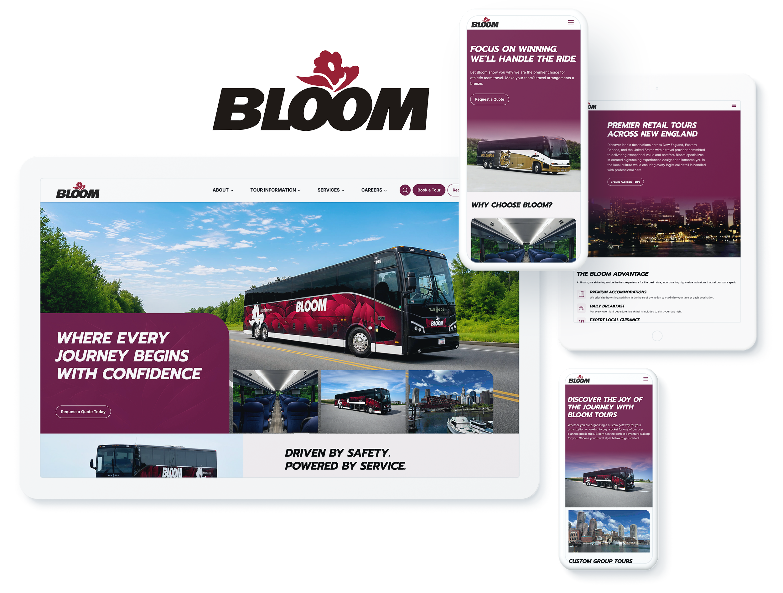 Bloom Bus Lines website across devices, showcasing web design and development success for group tours and transportation