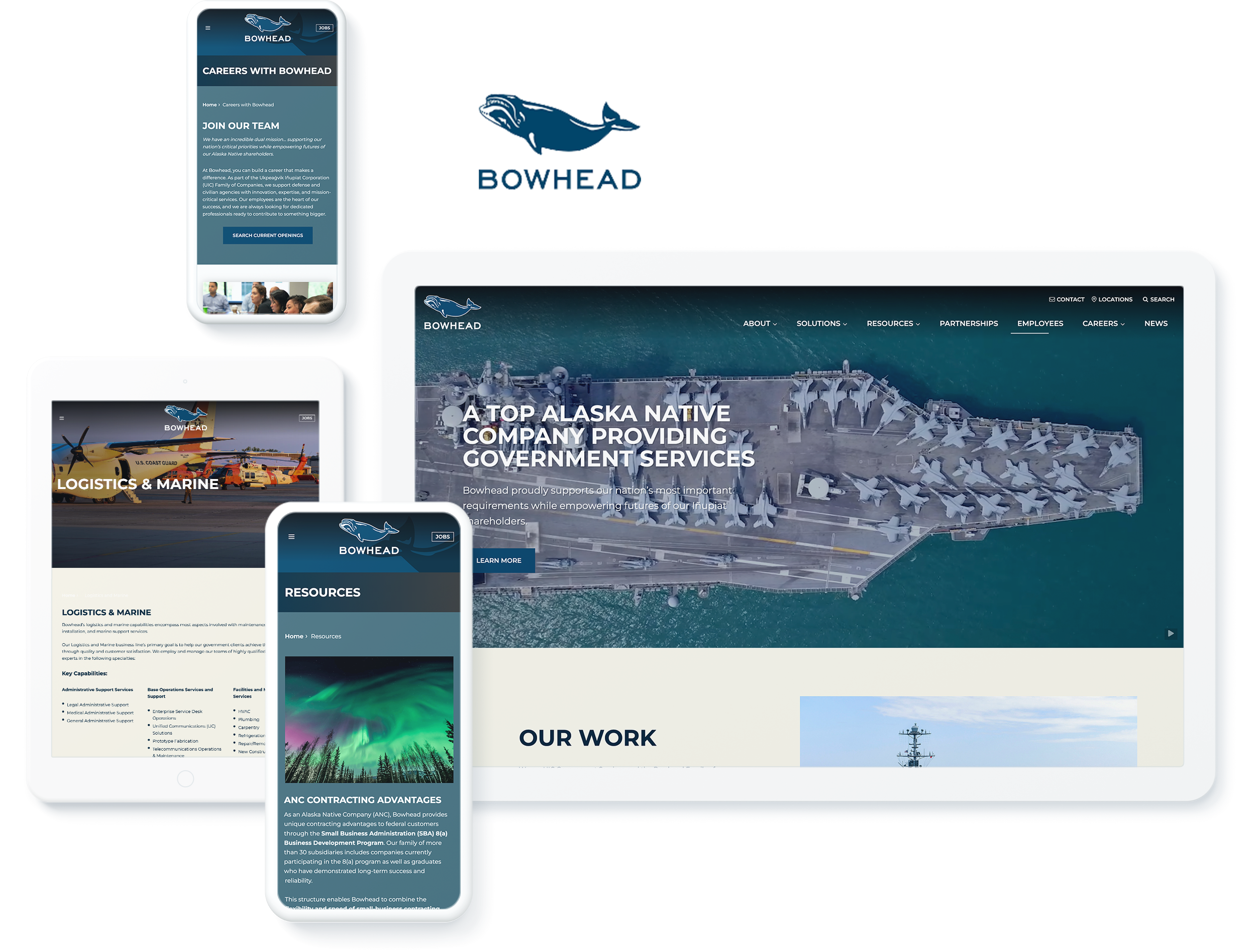 Bowhead website on digital devices, highlighting responsive web design, development, and hosting for government services