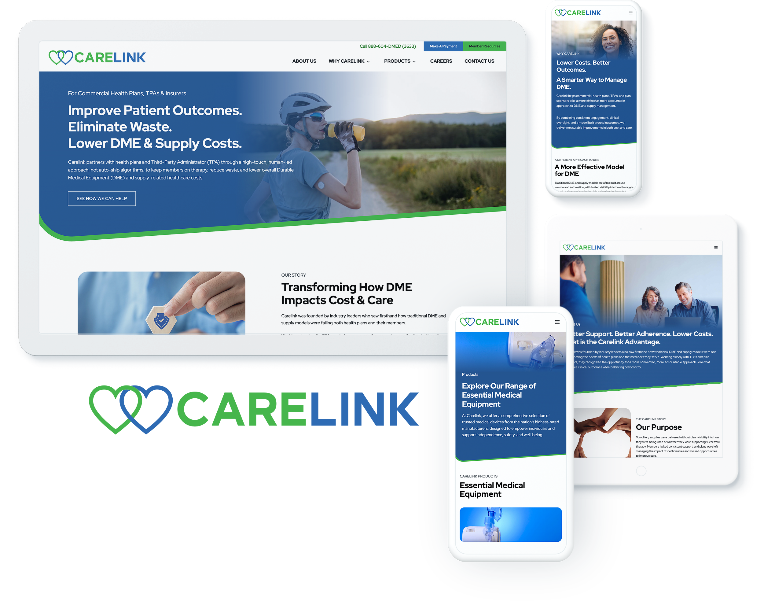 Carelink DME website across devices, highlighting web design and development success for durable medical equipment management