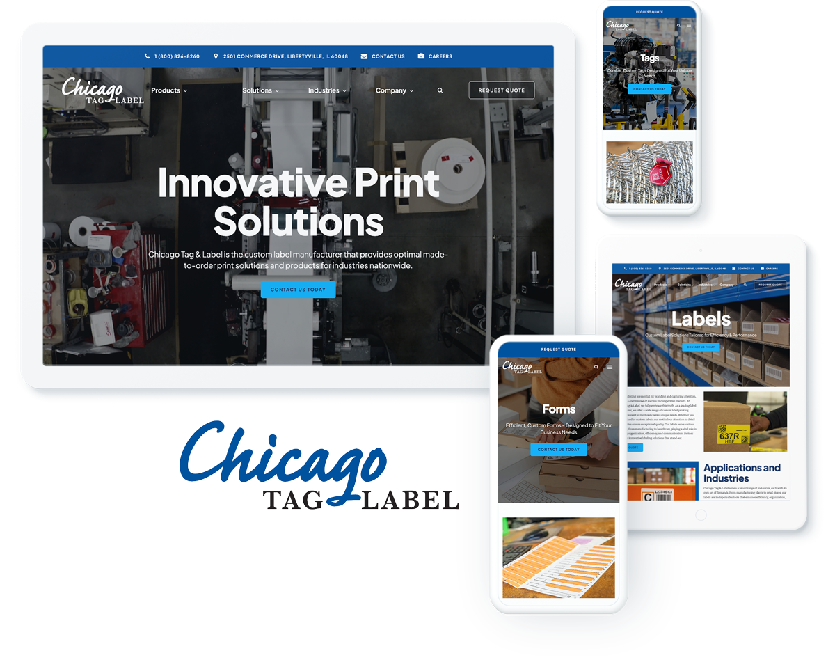 Chicago Tag & Label website on device screens, showing success with manufacturing website design and development services